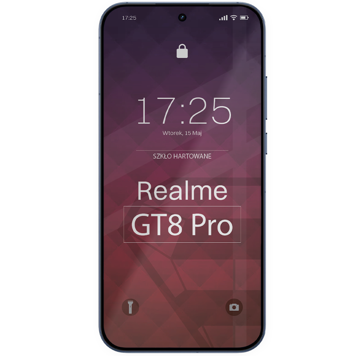 Na ekranie telefonu widoczny jest napis \'Realme GT8 Pro\' oraz godzina 17:25, data \'Wtorek, 15 Maj\' i tekst \'SZKŁO HARTOWANE\'.