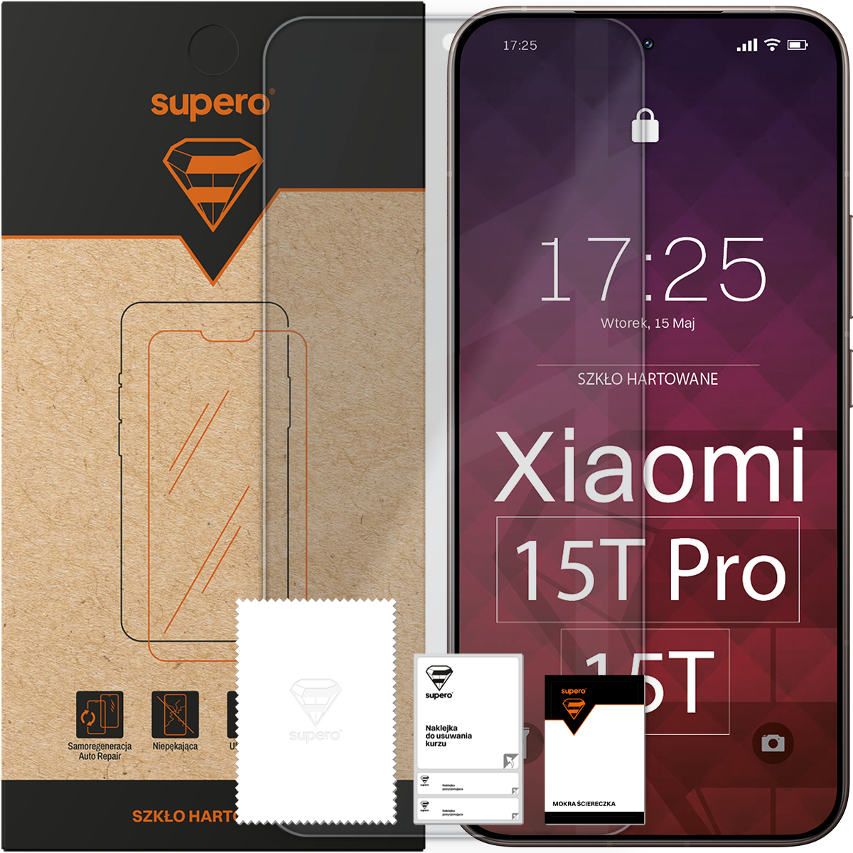 Opakowanie szkła hartowanego z logo \'supero\' oraz telefon z nałożonym szkłem, na ekranie widoczny tekst: \'17:25, Wtorek, 15 Maj, SZKŁO HARTOWANE, Xiaomi 15T Pro 15T\'. Obok znajdują się akcesoria: ściereczka z logo \'supero\' i naklejka do usuwania kurzu.