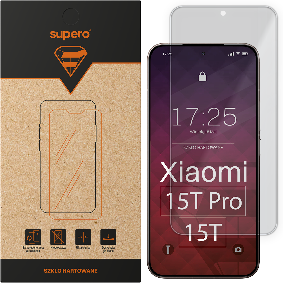 Opakowanie szkła hartowanego z logo \'supero\' oraz szkło na ekranie telefonu z napisem \'Xiaomi 15T Pro 15T\'. Na opakowaniu widoczne są ikony z opisami: Samoregeneracja Auto Repair, Niepękająca, Ultra cienka, Doskonała gładkość.