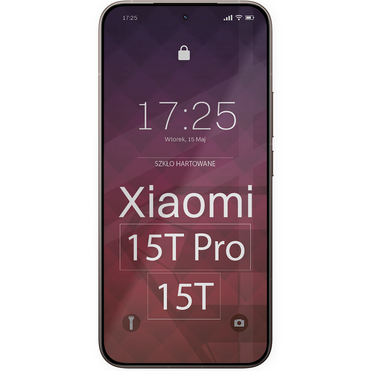 Na zdjęciu widoczny jest telefon z wyświetlaczem pokazującym godzinę 17:25, datę Wtorek, 15 Maj oraz tekst \'SZKŁO HARTOWANE Xiaomi 15T Pro 15T\'.
