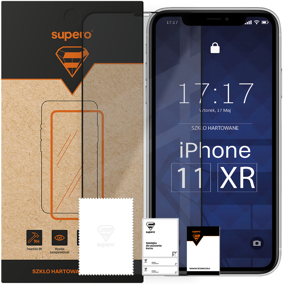 Na obrazie widoczna jest opakowanie szkła hartowanego Supero z logo w kształcie diamentu oraz telefon z nałożonym szkłem ochronnym. Na ekranie telefonu widnieje tekst: \'17:17, Wtorek, 17 Maj, SZKŁO HARTOWANE, iPhone 11/XR\'.