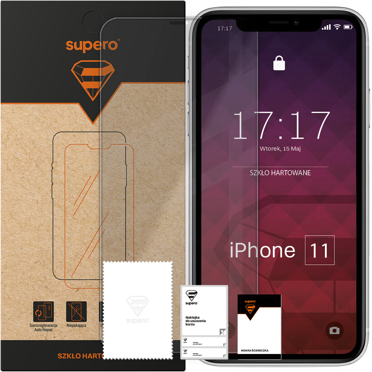 Opakowanie szkła hartowanego Supero z widocznym logo i rysunkiem telefonu. Obok znajduje się telefon z nałożonym szkłem, na ekranie widoczny jest napis \'iPhone 11\' oraz godzina 17:17.