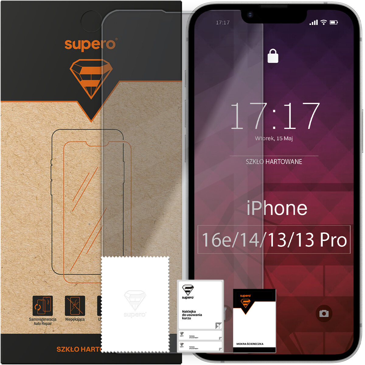 Opakowanie szkła hartowanego Supero z widocznym logo i grafiką telefonu. Obok znajduje się telefon z napisem \'iPhone 16e/14/13/13 Pro\' oraz akcesoria do czyszczenia ekranu.