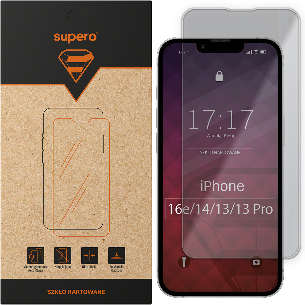 Opakowanie szkła hartowanego Supero z grafiką telefonu i ikonami cech produktu. Obok znajduje się telefon z nałożonym szkłem, na ekranie widoczny jest tekst: \'17:17, Wtorek, 15 Maj, SZKŁO HARTOWANE, iPhone 16e/14/13/13 Pro\'.