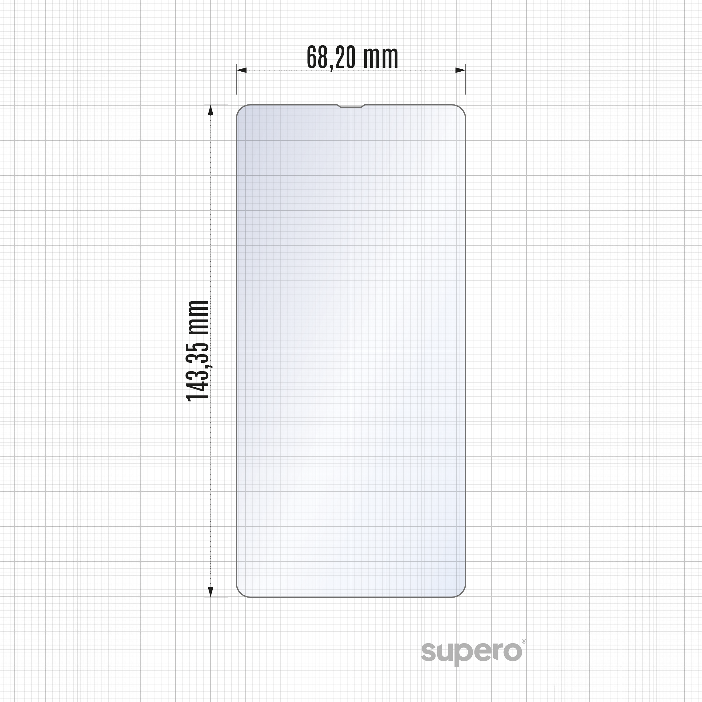 Obraz przedstawia szkło hartowane o wymiarach 68,20 mm na 143,35 mm na tle siatki. W prawym dolnym rogu widoczne jest logo \'supero\'.