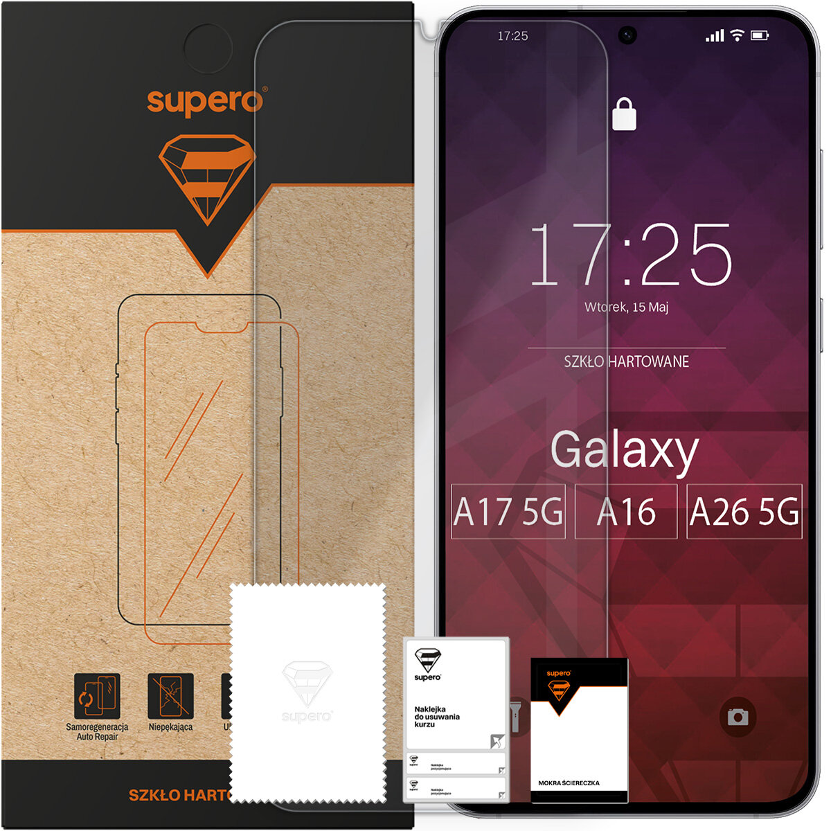 Opakowanie szkła hartowanego Supero z widocznym logo i grafiką telefonu, obok znajduje się telefon z nałożonym szkłem oraz akcesoria do czyszczenia. Na ekranie telefonu widoczny jest tekst: \'17:25 Wtorek, 15 Maj Szkło Hartowane Galaxy A17 5G A16 A26 5G\'.