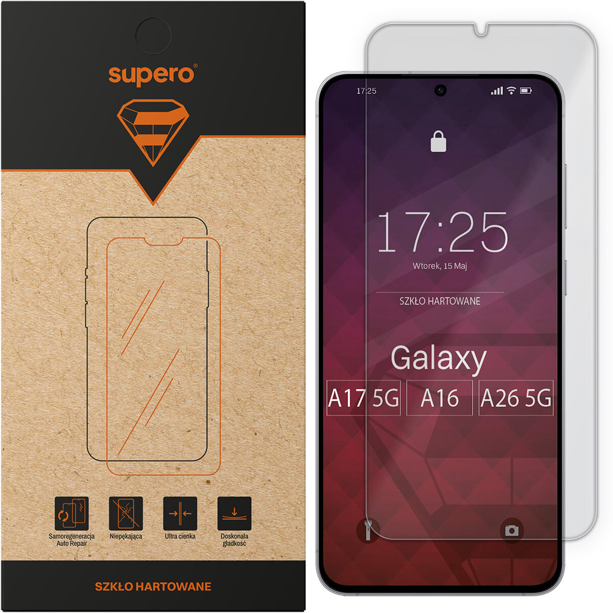 Opakowanie szkła hartowanego Supero z grafiką telefonu i ikonami funkcji: samoregeneracja, niepękająca, ultra cienka, doskonała gładkość. Obok znajduje się telefon z nałożonym szkłem, na ekranie widoczny jest napis \'Galaxy A17 5G A16 A26 5G\'.