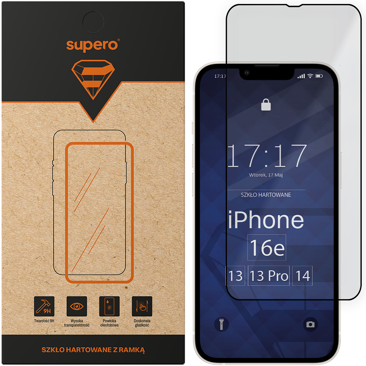 Opakowanie szkła hartowanego Supero z ramką oraz telefon z nałożonym szkłem. Na ekranie telefonu widoczny jest napis: \'iPhone 16e\'.