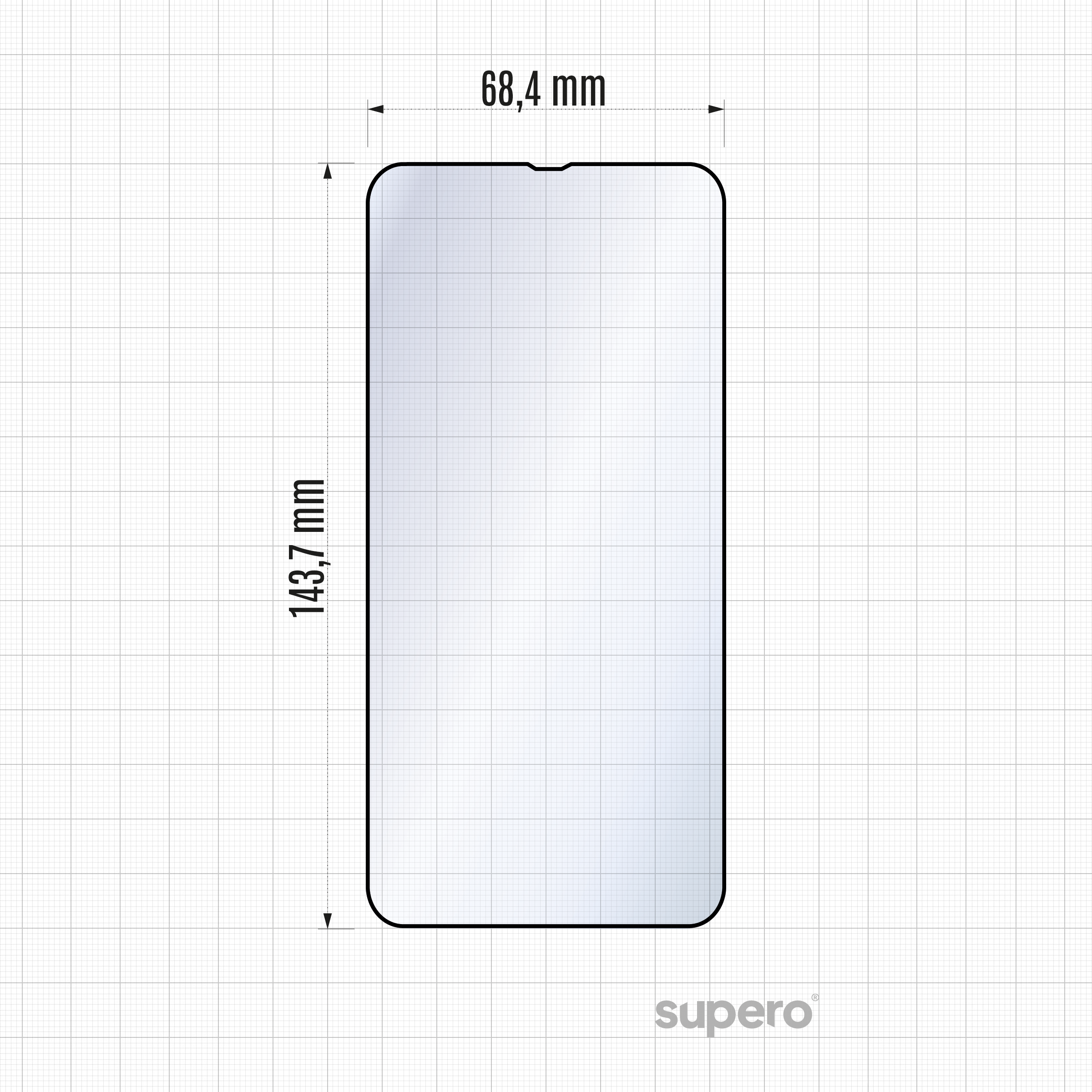 Obraz przedstawia szkło hartowane o wymiarach 68,4 mm na 143,7 mm na tle siatki. W prawym dolnym rogu widoczne jest logo \'supero\'.