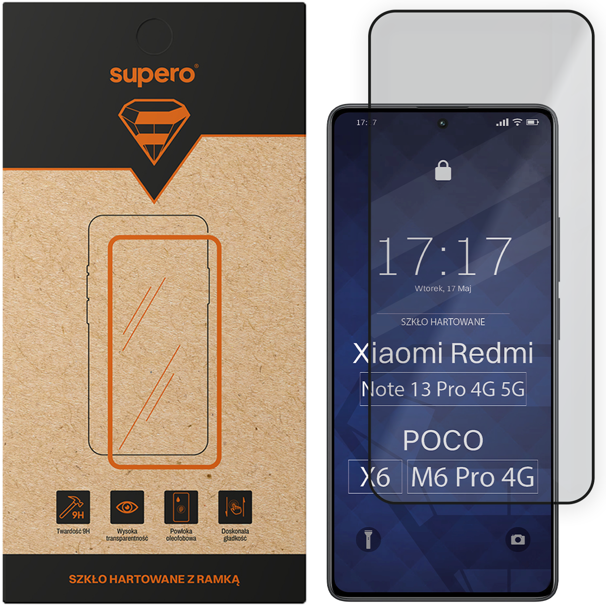 Opakowanie szkła hartowanego z logo \'supero\' oraz szkło hartowane na ekranie telefonu z widocznym tekstem: \'Xiaomi Redmi Note 13 Pro 4G 5G POCO X6 M6 Pro 4G\'.