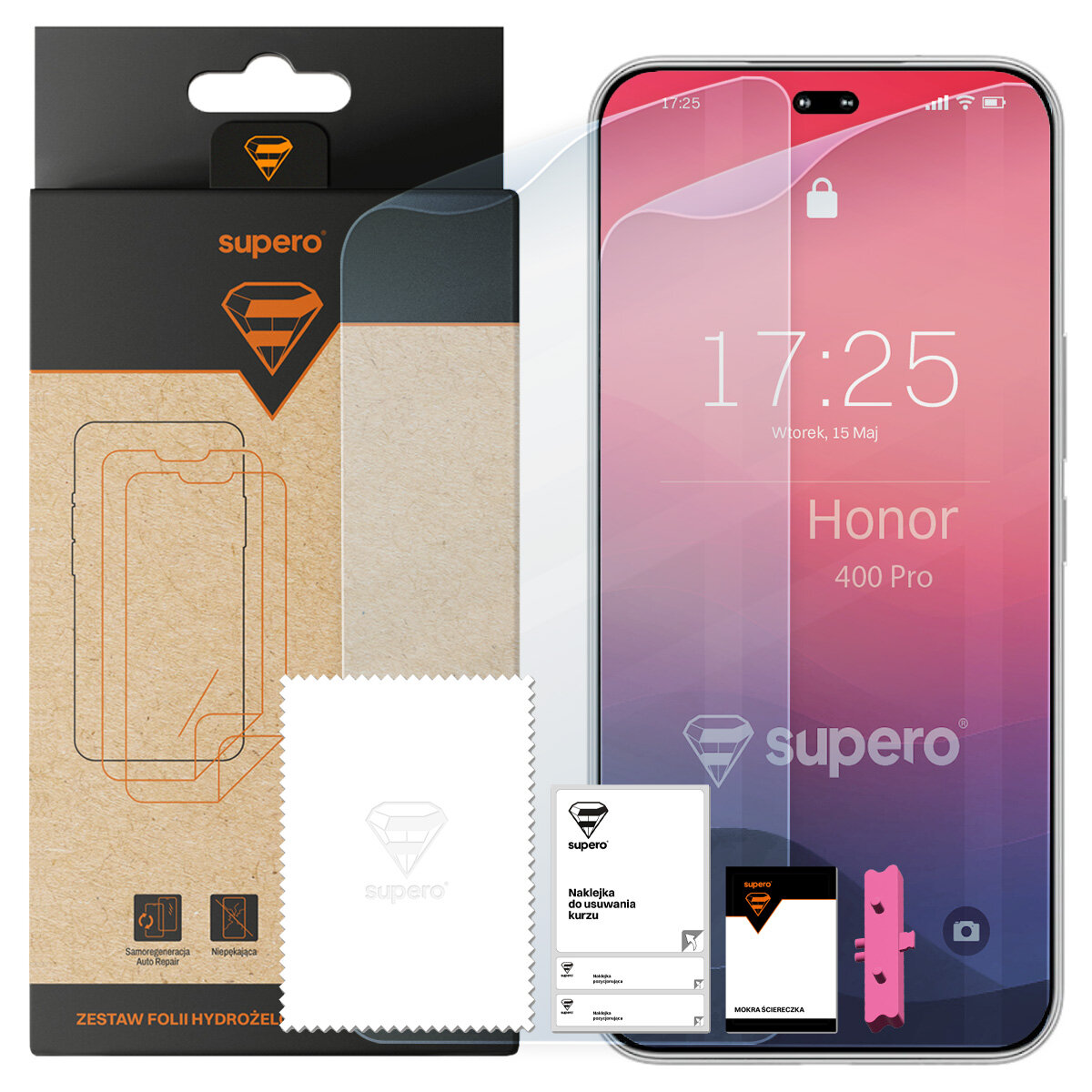 Na obrazie widoczny jest zestaw folii hydrożelowej Supero do telefonu Honor 400 Pro, w skład którego wchodzi aplikator, ściereczka oraz naklejka do usuwania kurzu. Na ekranie telefonu wyświetlana jest godzina 17:25 oraz data Wtorek, 15 Maj.