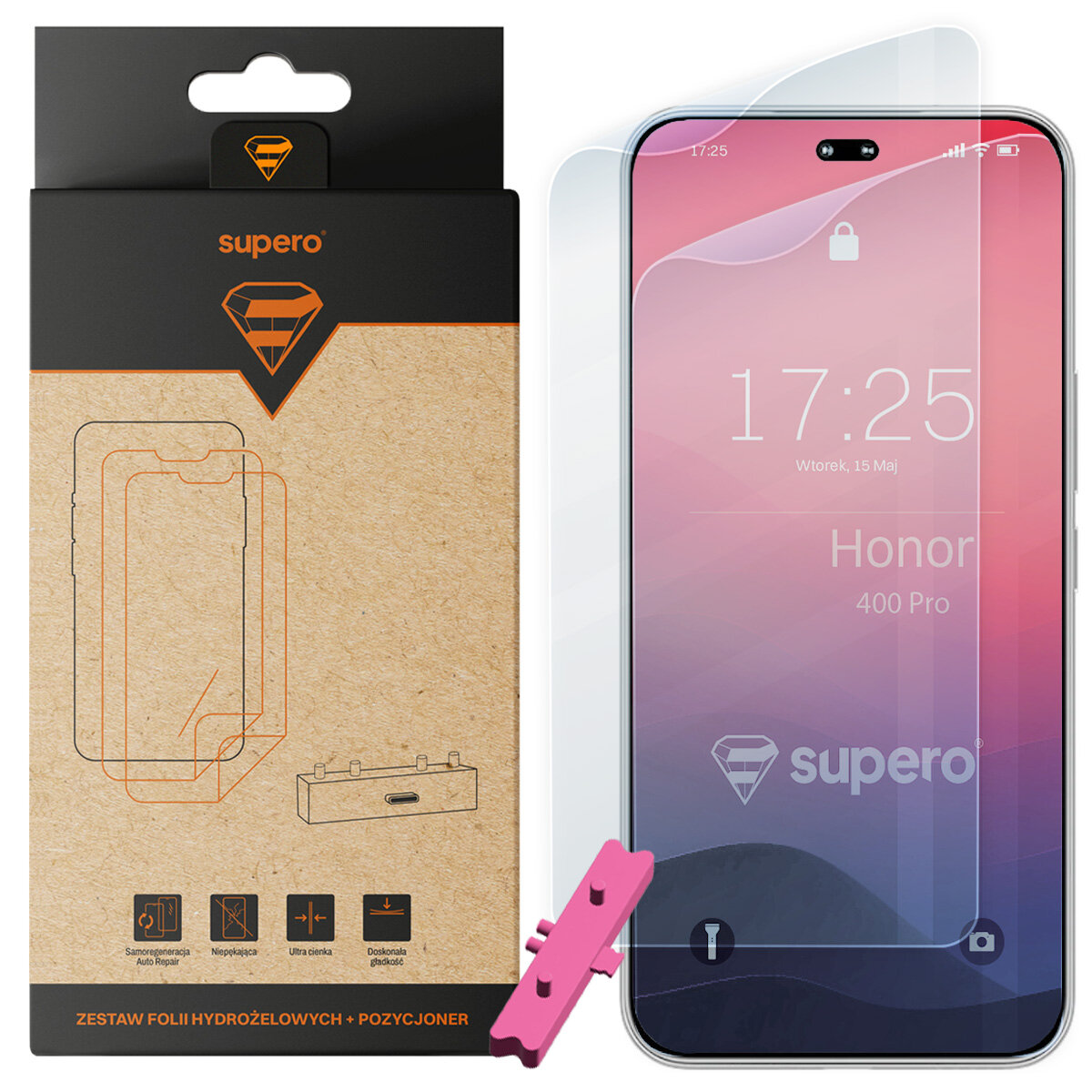 Na obrazie widoczna jest folia hydrożelowa na ekran telefonu Honor 400 Pro oraz opakowanie z logo \'supero\'. Obok znajduje się różowy aplikator do folii.