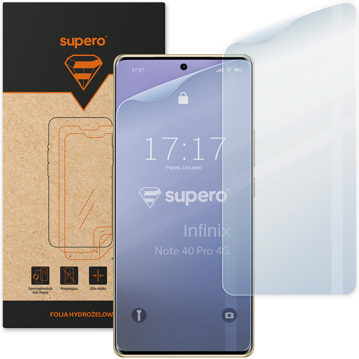 Na obrazie widoczna jest folia hydrożelowa na ekran telefonu Infinix Note 40 Pro 4G z logo \'supero\'. W tle znajduje się opakowanie z napisem \'FOLIA HYDROŻELOWA\' oraz ikonami przedstawiającymi funkcje produktu.