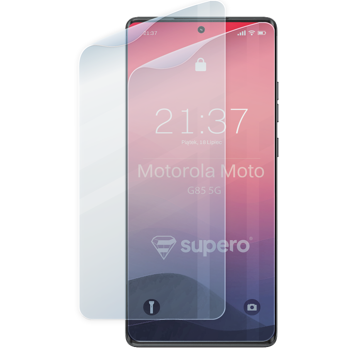 Obraz przedstawia telefon z nałożoną folią ochronną na ekranie, z widocznym napisem \'Motorola Moto G85 5G\'. Na ekranie widoczna jest godzina 21:37, data Piątek, 18 Lipiec oraz logo \'supero\'.