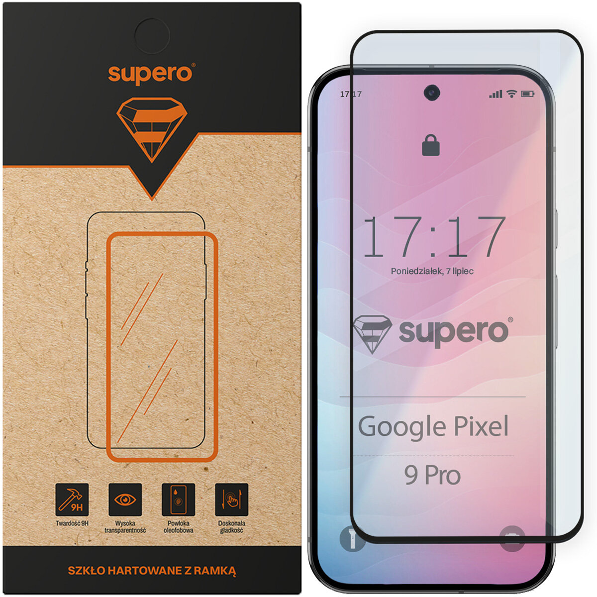 Opakowanie szkła hartowanego Supero z ramką, obok znajduje się telefon z nałożonym szkłem, na ekranie widoczny jest napis \'Google Pixel 9 Pro\'.