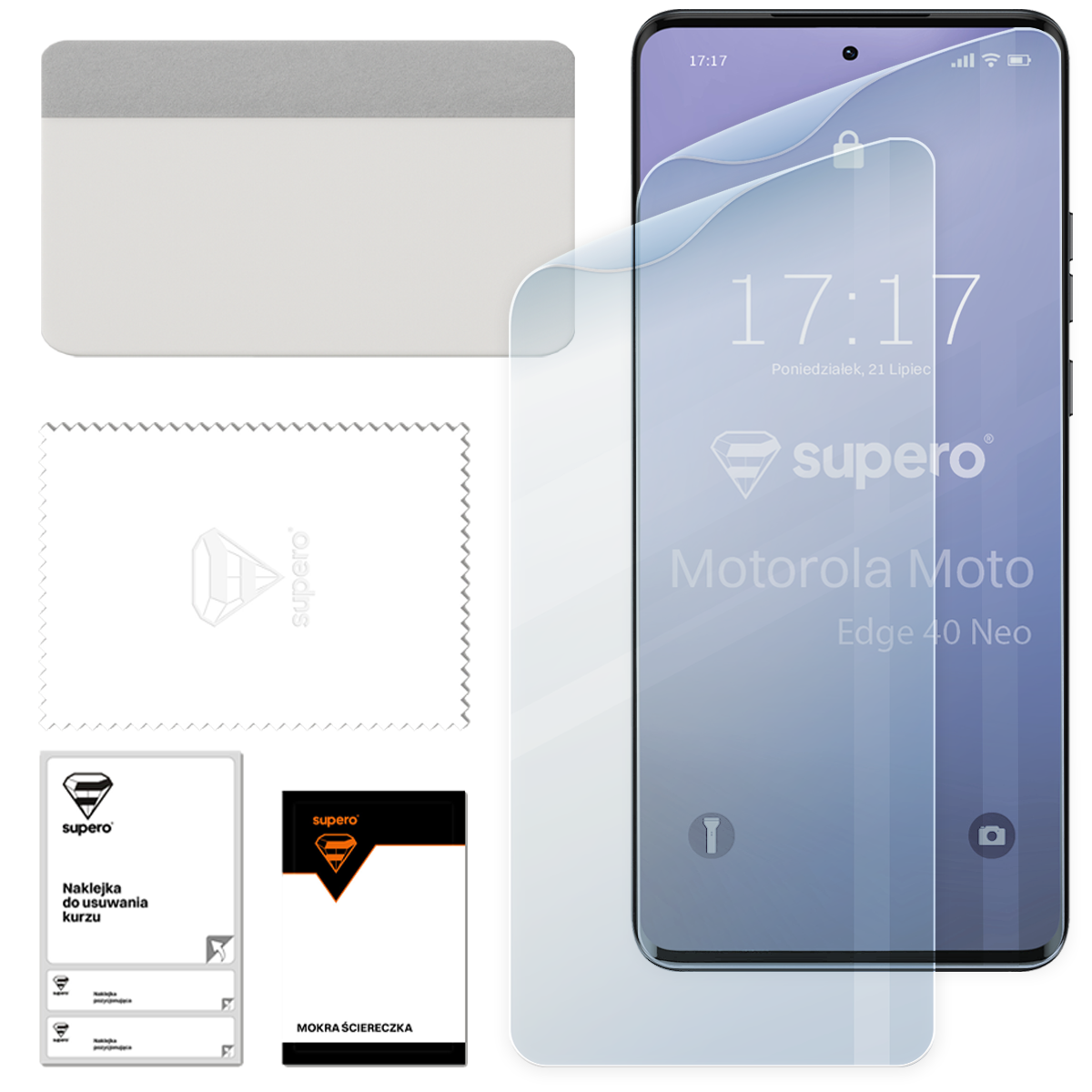 Na obrazie widoczna jest folia hydrożelowa na ekran telefonu Motorola Moto Edge 40 Neo z logo \'supero\'. Obok znajdują się akcesoria do aplikacji: rakla, ściereczka z logo \'supero\', naklejka do usuwania kurzu i mokra ściereczka.