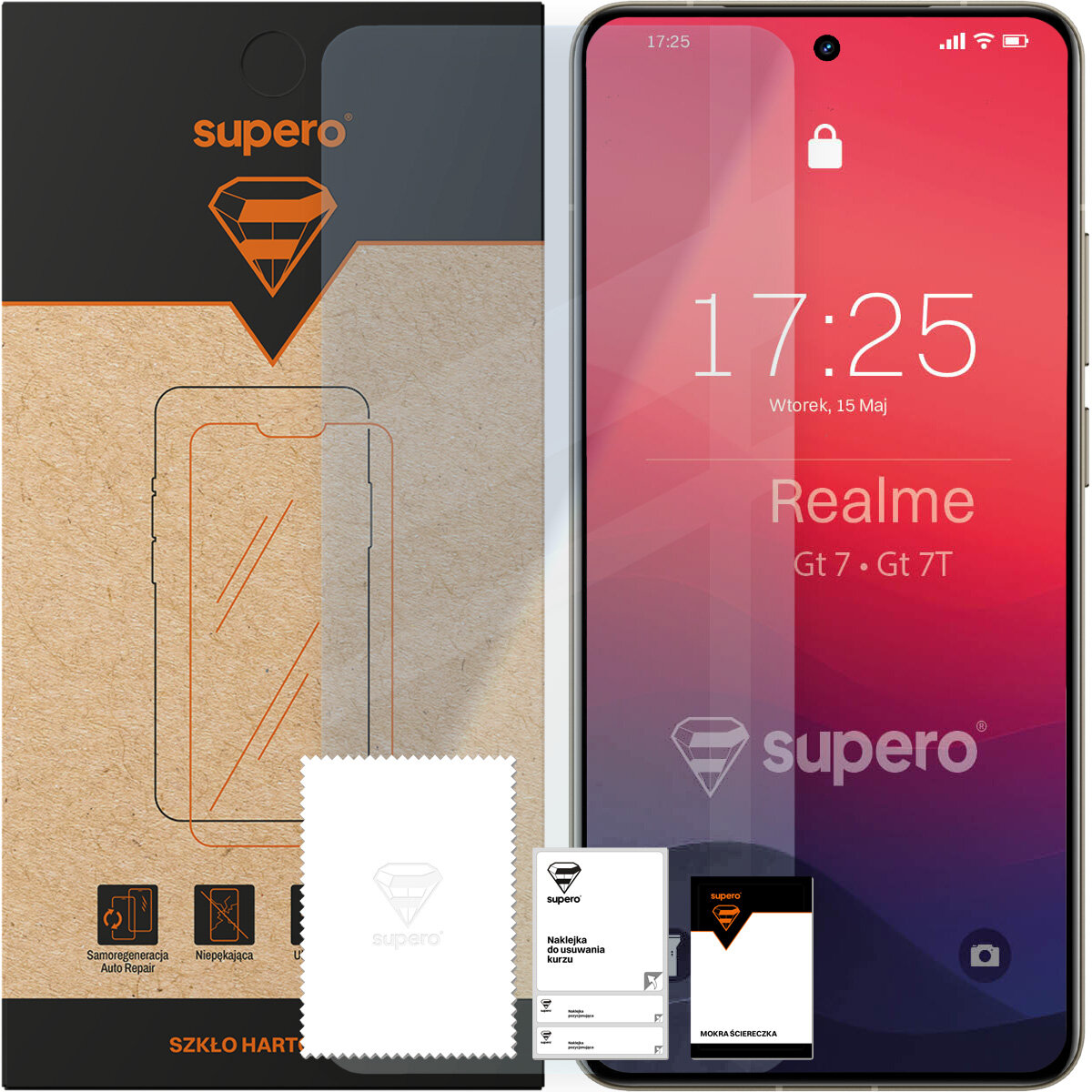Opakowanie szkła hartowanego Supero z logo w kształcie diamentu oraz telefon z nałożonym szkłem, na ekranie widoczny jest napis \'Realme GT 7 · GT 7T\'. Obok znajduje się ściereczka z logo Supero i naklejka do usuwania kurzu.