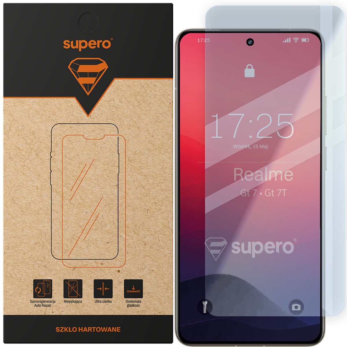 Opakowanie szkła hartowanego Supero z grafiką telefonu oraz szkło na ekranie telefonu z widocznym napisem \'Realme GT 7 / GT 7T\'. Na opakowaniu znajdują się ikony z opisami: Samoregeneracja Auto Repair, Niepękające, Ultra cienka, Doskonała gładkość.