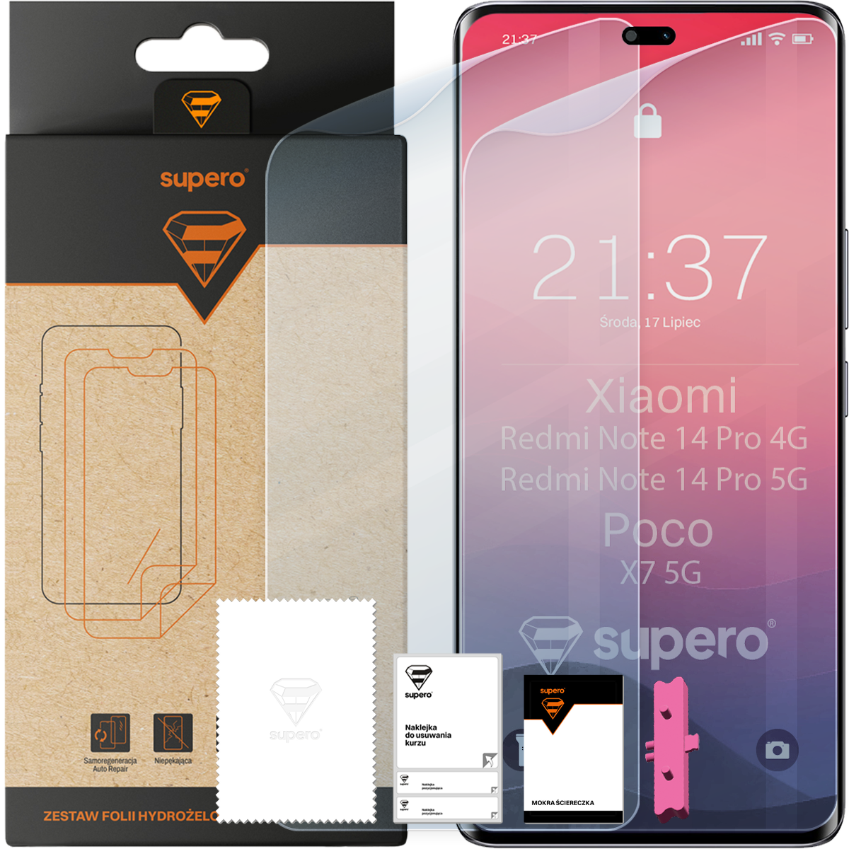 Opakowanie z napisem \'supero\' zawiera zestaw folii hydrożelowej, obok widoczny jest telefon z nałożoną folią ochronną. Na ekranie telefonu wyświetla się tekst: \'21:37, Środa, 17 Lipiec, Xiaomi Redmi Note 14 Pro 4G, Redmi Note 14 Pro 5G, Poco X7 5G\'.