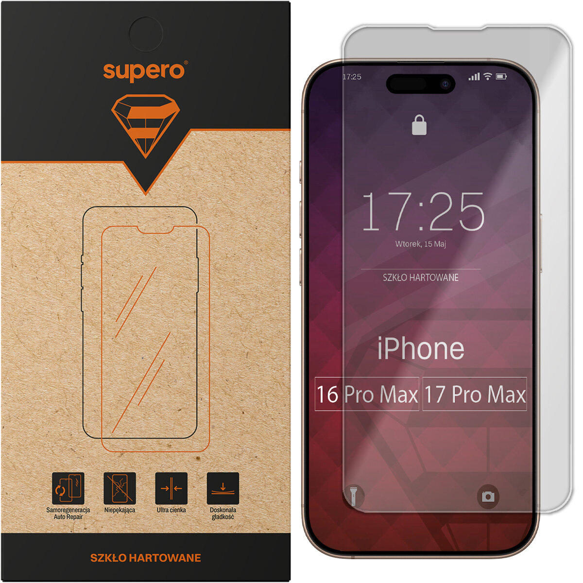 Opakowanie szkła hartowanego Supero z grafiką telefonu i ikonami przedstawiającymi cechy produktu. Obok znajduje się telefon z nałożonym szkłem, na ekranie widoczny jest napis \'iPhone 16 Pro Max 17 Pro Max\'.