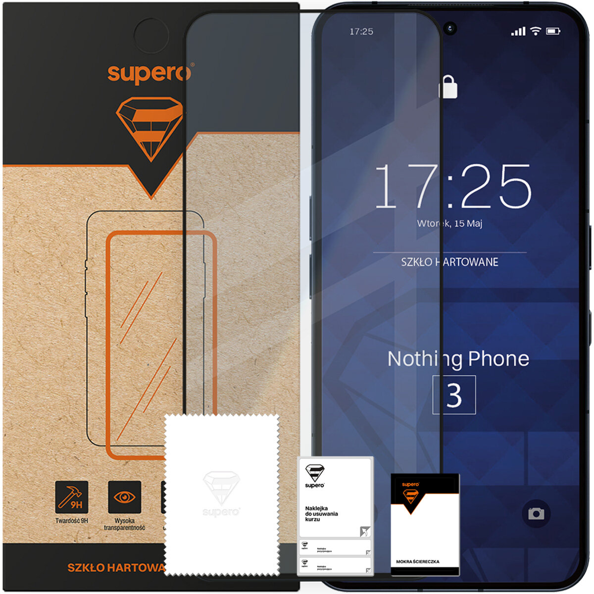 Obraz przedstawia opakowanie szkła hartowanego Supero oraz telefon z nałożonym szkłem, na ekranie widoczny jest napis \'Nothing Phone (3)\'. W zestawie znajduje się ściereczka oraz naklejka do usuwania kurzu.