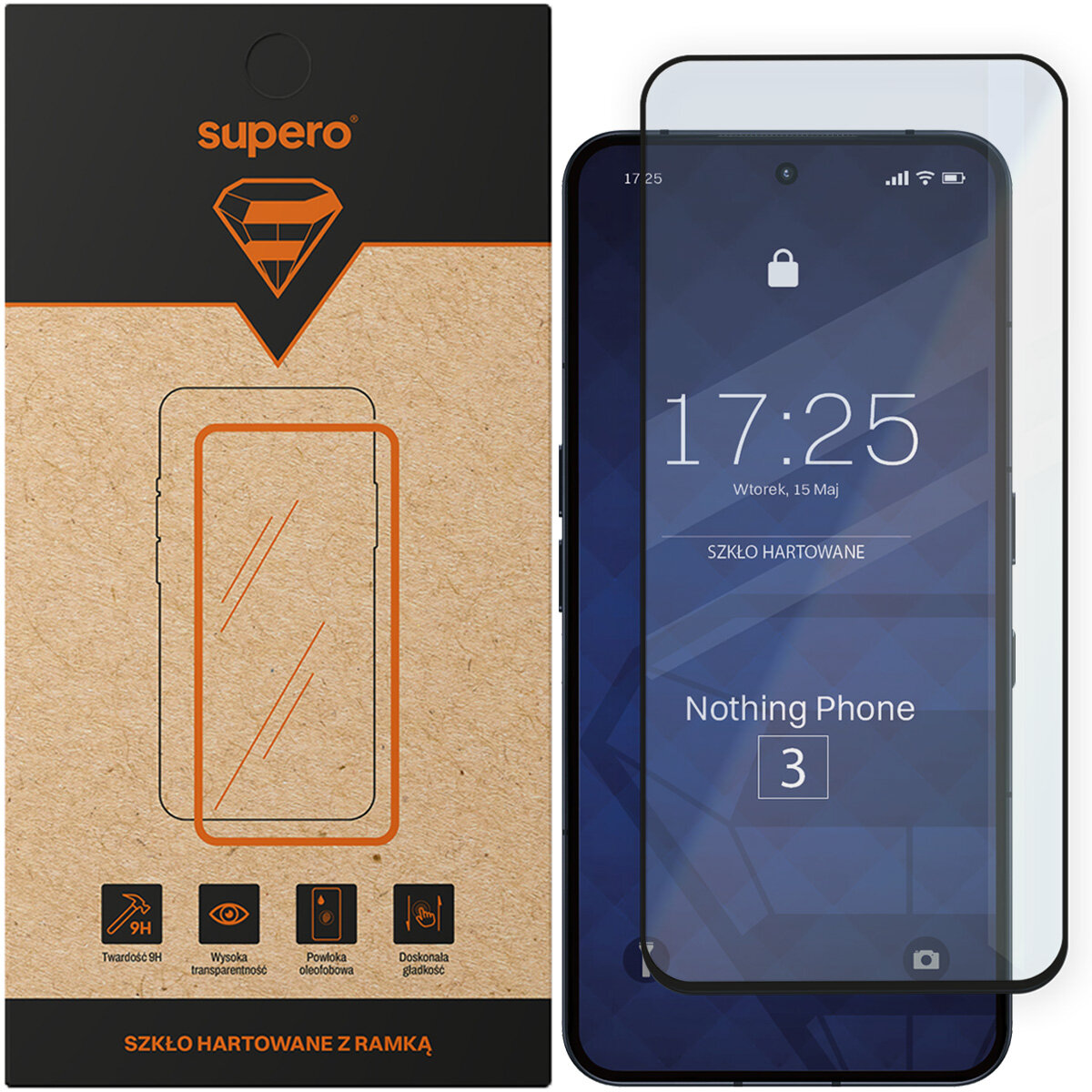 Opakowanie szkła hartowanego Supero z ramką, obok którego znajduje się telefon z nałożonym szkłem. Na ekranie telefonu widoczny jest tekst: \'17:25, Wtorek, 15 Maj, SZKŁO HARTOWANE, Nothing Phone 3\'.