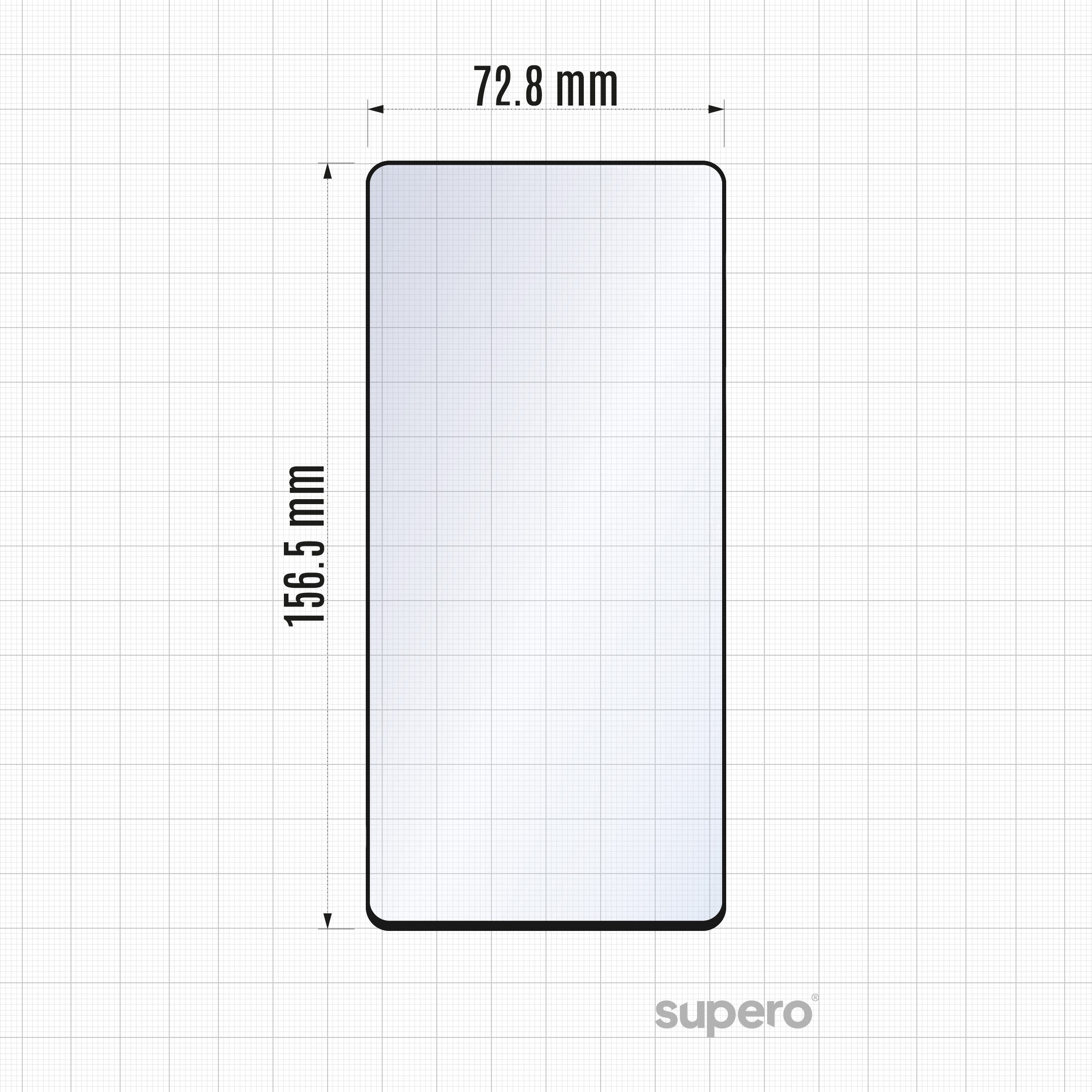 Obraz przedstawia szkło hartowane na ekran o wymiarach 76,8 mm na 164 mm, umieszczone na tle z siatką. W prawym dolnym rogu widoczny jest napis \'supero\'.
