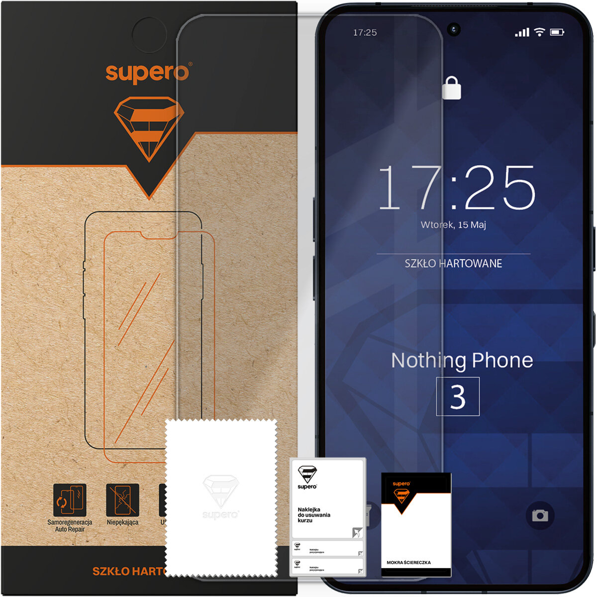 Opakowanie szkła hartowanego Supero z widocznym logo i grafiką telefonu. Obok znajduje się telefon z wyświetlaczem pokazującym godzinę 17:25 i tekst \'Nothing Phone (3)\'.