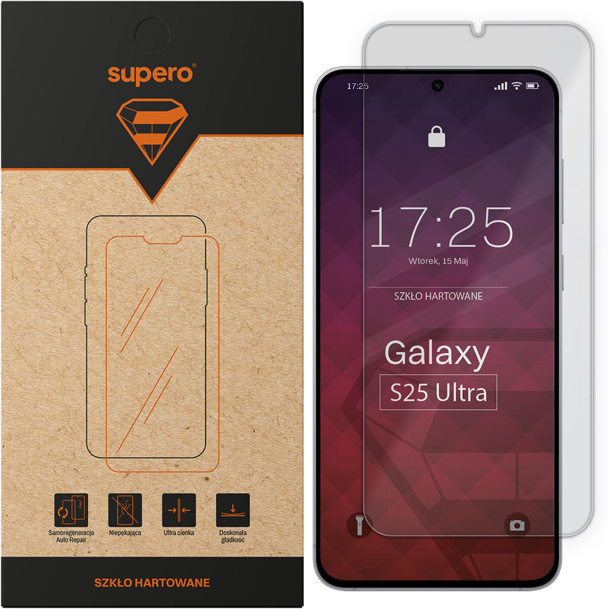 Opakowanie szkła hartowanego Supero z grafiką telefonu oraz szkło na ekranie telefonu z napisem \'Galaxy S25 Ultra\'.