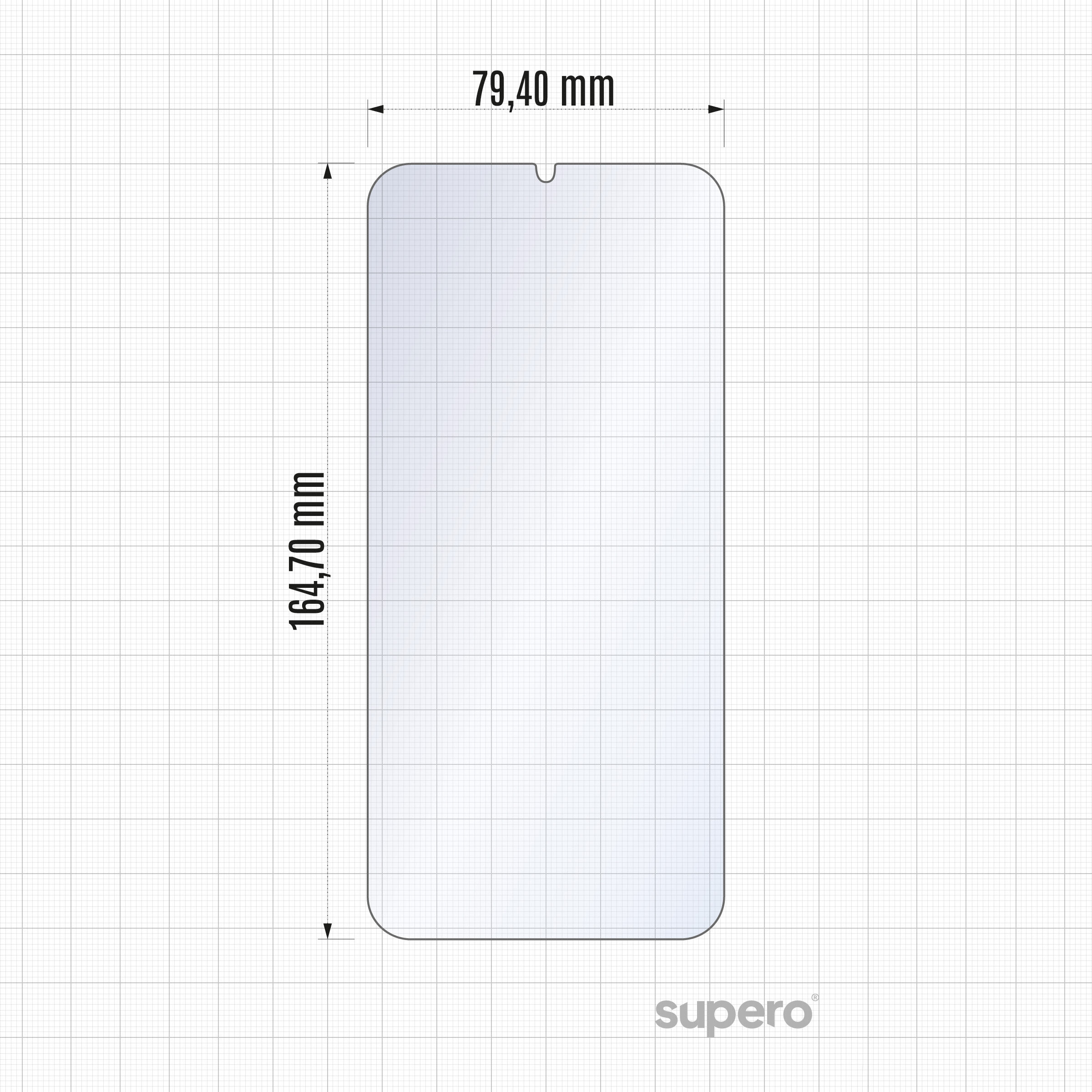 Obraz przedstawia szkło hartowane o wymiarach 83,30 mm na 164,70 mm na tle siatki z logo \'supero\' w prawym dolnym rogu.