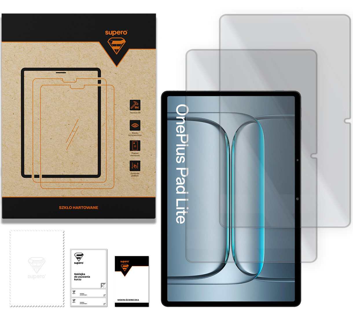 Na obrazie widoczne jest opakowanie z napisem \'supero\' oraz szkło hartowane do urządzenia OnePlus Pad Lite. Obok znajduje się tablet z wyświetlaczem oraz akcesoria do montażu szkła.