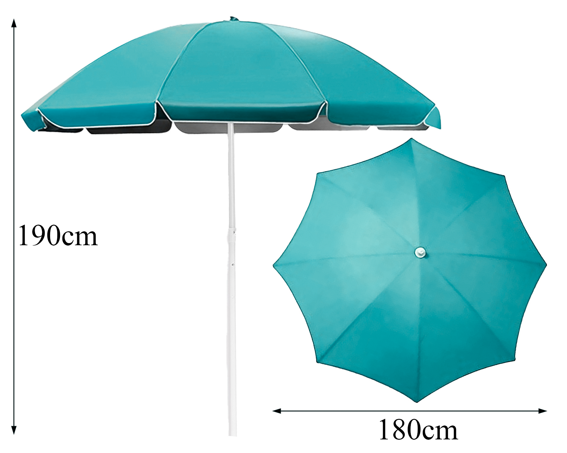 Obraz przedstawia turkusowy parasol plażowy o wysokości 190 cm i średnicy 180 cm. Parasol ma biały stelaż i jest pokazany z boku oraz z góry.