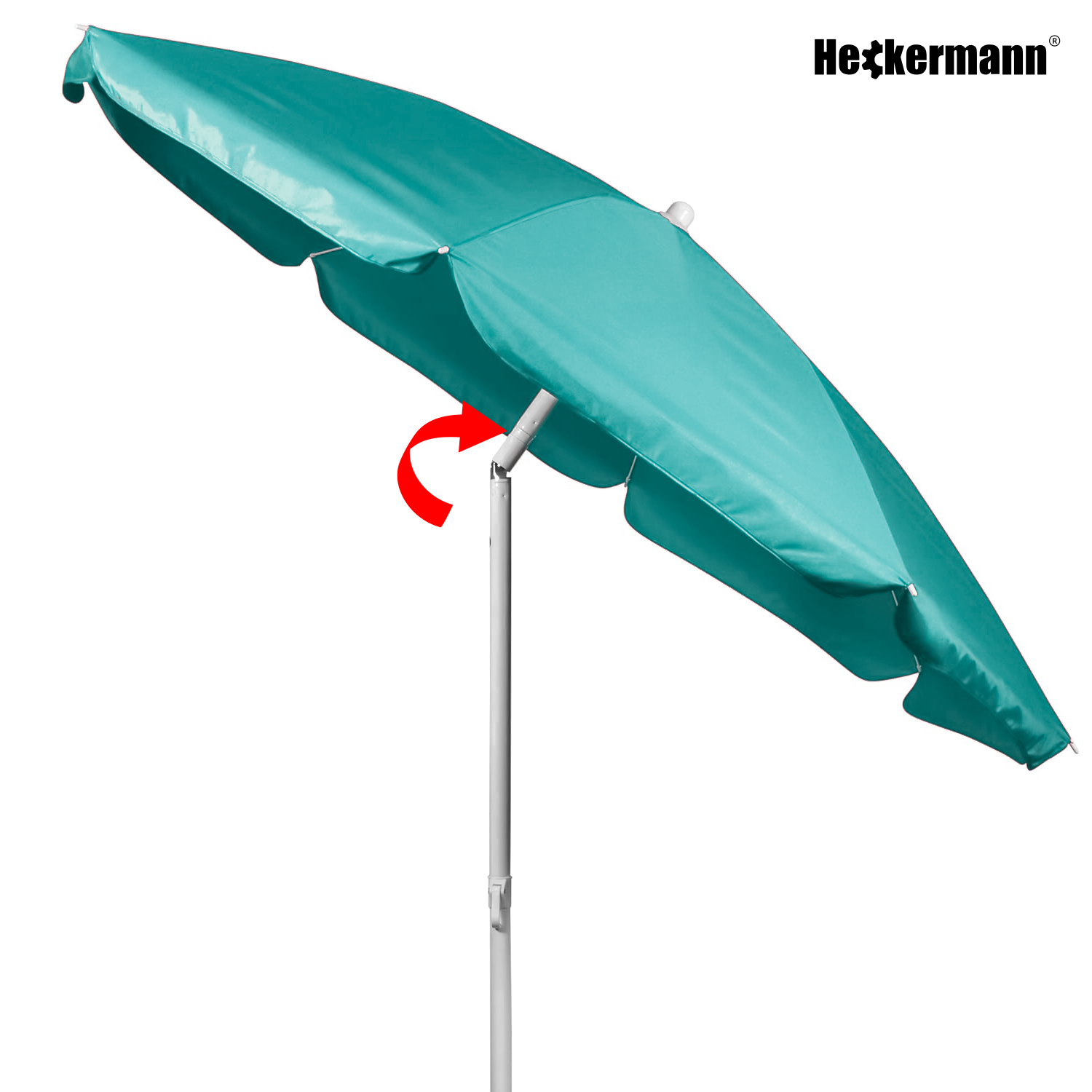 Na obrazie widoczny jest turkusowy parasol plażowy z białym stelażem, posiadający mechanizm regulacji kąta nachylenia. W prawym górnym rogu znajduje się logo \'Heckermann\'.