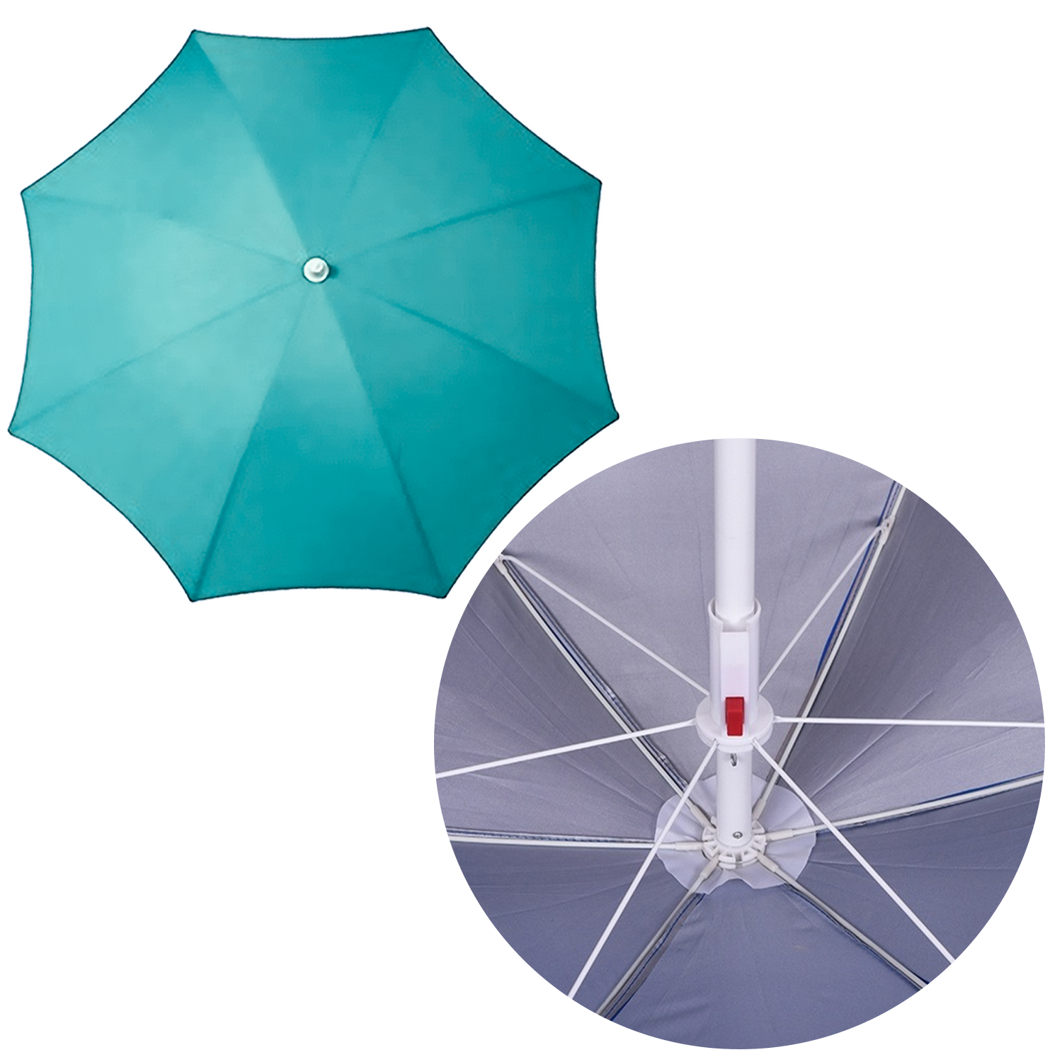 Obraz przedstawia turkusowy parasol plażowy z widocznym mechanizmem rozkładania w zbliżeniu. Parasol ma ośmiokątny kształt i biały stelaż.
