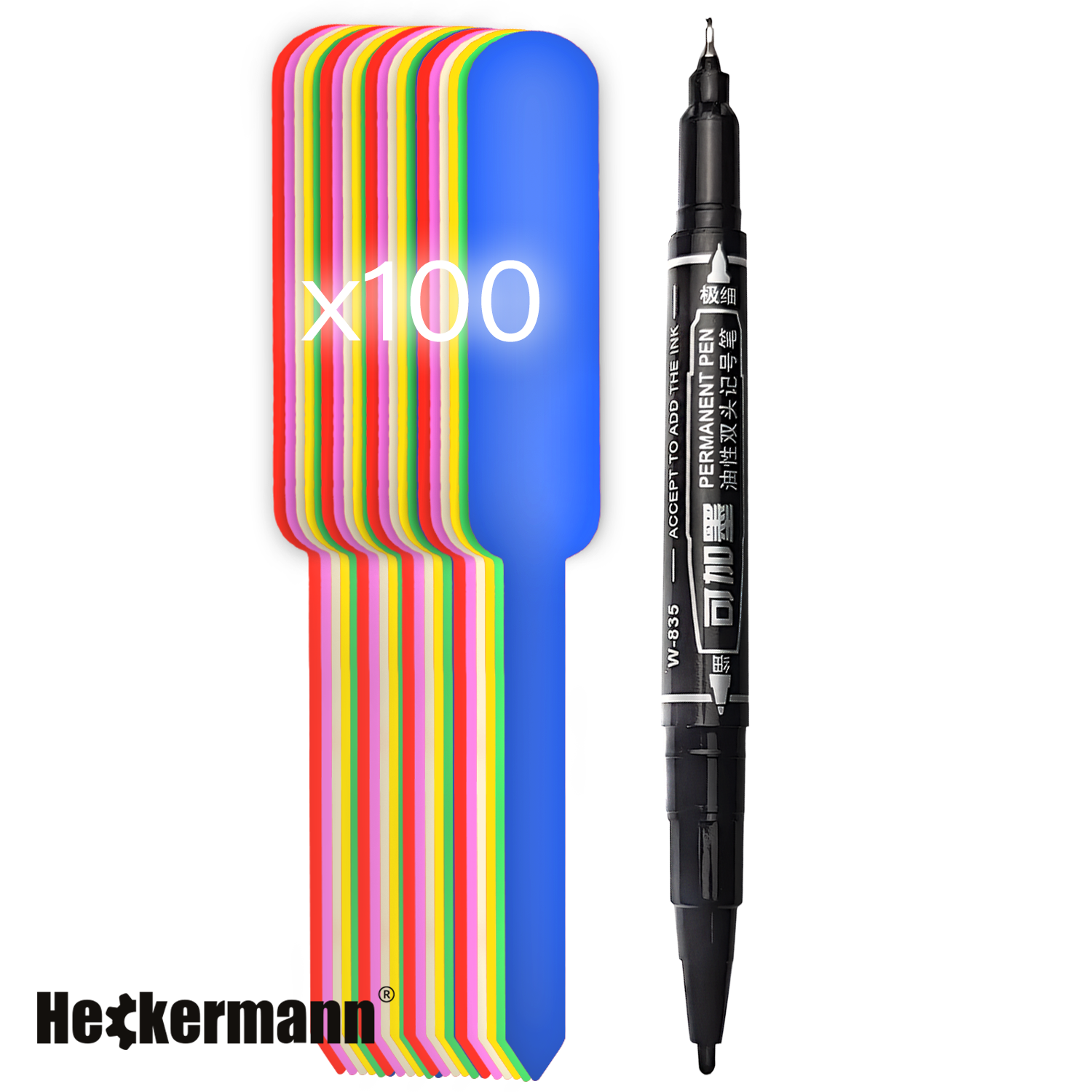 Na obrazie widoczne są kolorowe etykiety do roślin z napisem \'x100\' oraz czarny marker z białymi napisami. W lewym dolnym rogu znajduje się logo \'Heckermann\'.