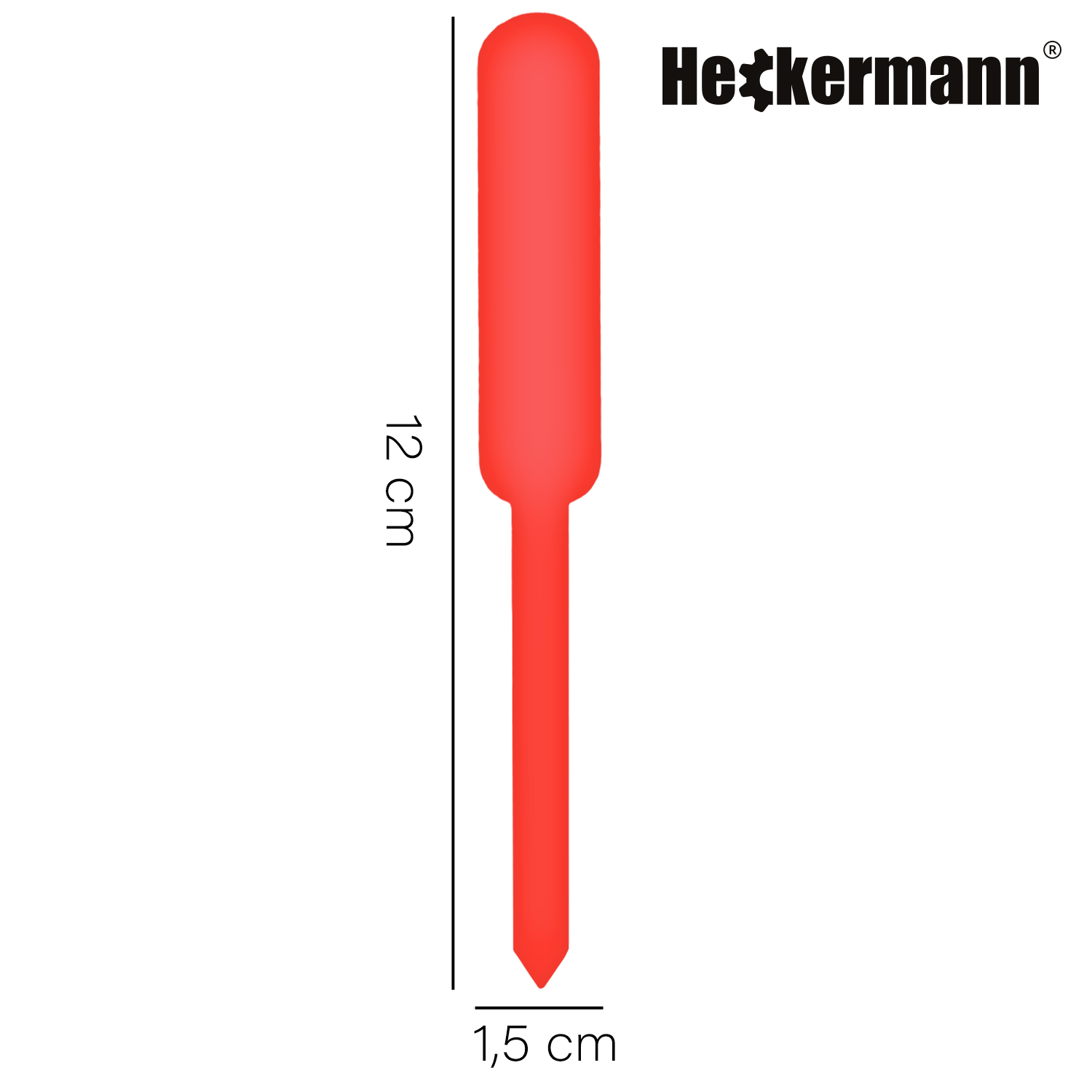Czerwona etykieta do roślin o wymiarach 12 cm na 1,5 cm. Widoczne jest logo \'Heckermann\'.