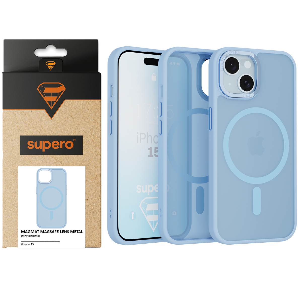 Na obrazie widoczne jest jasnoniebieskie etui ochronne do iPhone 15 z okrągłym wzorem MagSafe. Obok znajduje się opakowanie z logo \'supero\' i napisem \'MAGMAT MAGSAFE LENS METAL\'.