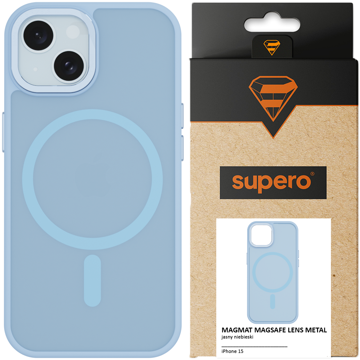Na obrazie widoczne jest jasnoniebieskie etui do iPhone 15 z okrągłym wzorem, zaprezentowane obok opakowania z logo \'supero\'. Na opakowaniu znajduje się napis \'MAGMAT MAGSAFE LENS METAL jasny niebieski iPhone 15\'.