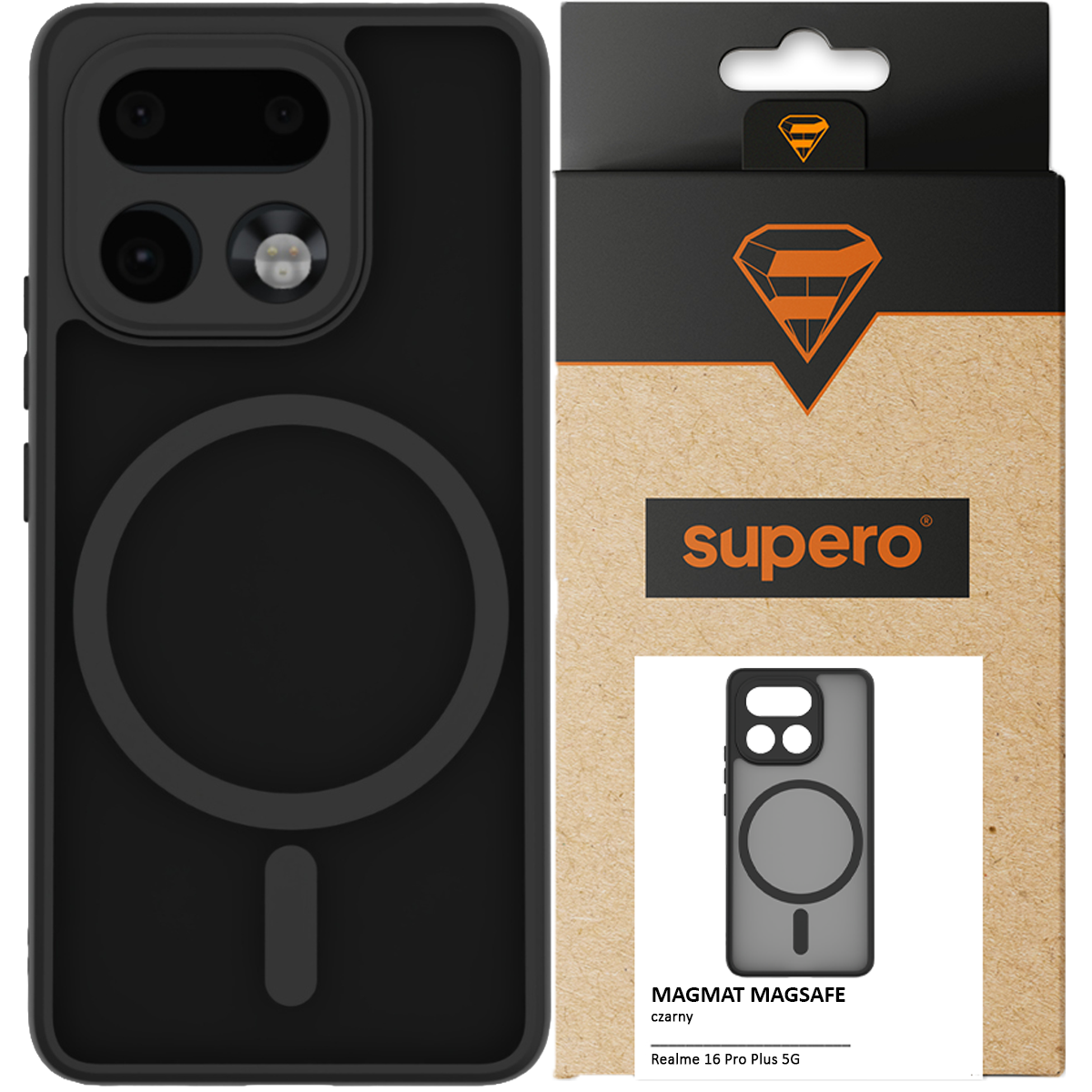 Na obrazie widoczne jest czarne etui na telefon z okrągłym wzorem, obok znajduje się opakowanie z logo \'supero\'. Na opakowaniu napisano: \'MAGMAT MAGSAFE czarny Realme 16 Pro Plus 5G\'.