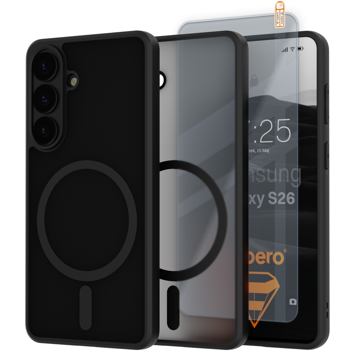 Obraz przedstawia czarne etui do telefonu z trzema otworami na aparat oraz magnetycznym pierścieniem. Obok znajduje się szkło ochronne z widocznym napisem \'Samsung Galaxy S26\' i logo \'DuxDucis\'.