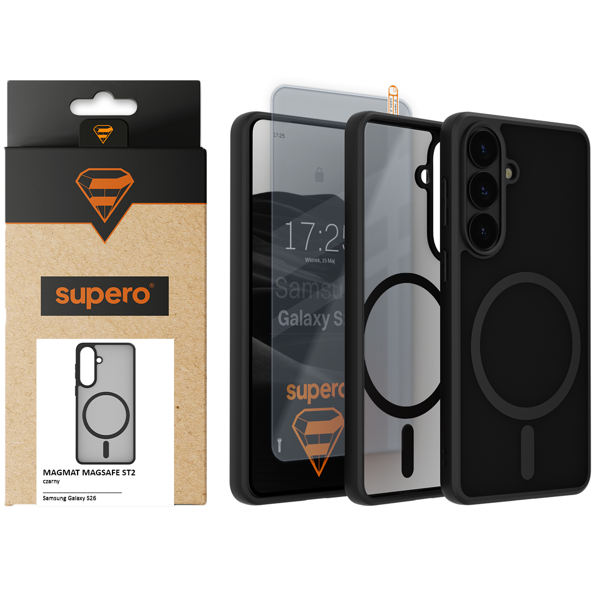 Obraz przedstawia czarne etui magnetyczne do Samsung Galaxy S26 z okrągłym wzorem, obok którego znajduje się opakowanie z logo \'supero\'.