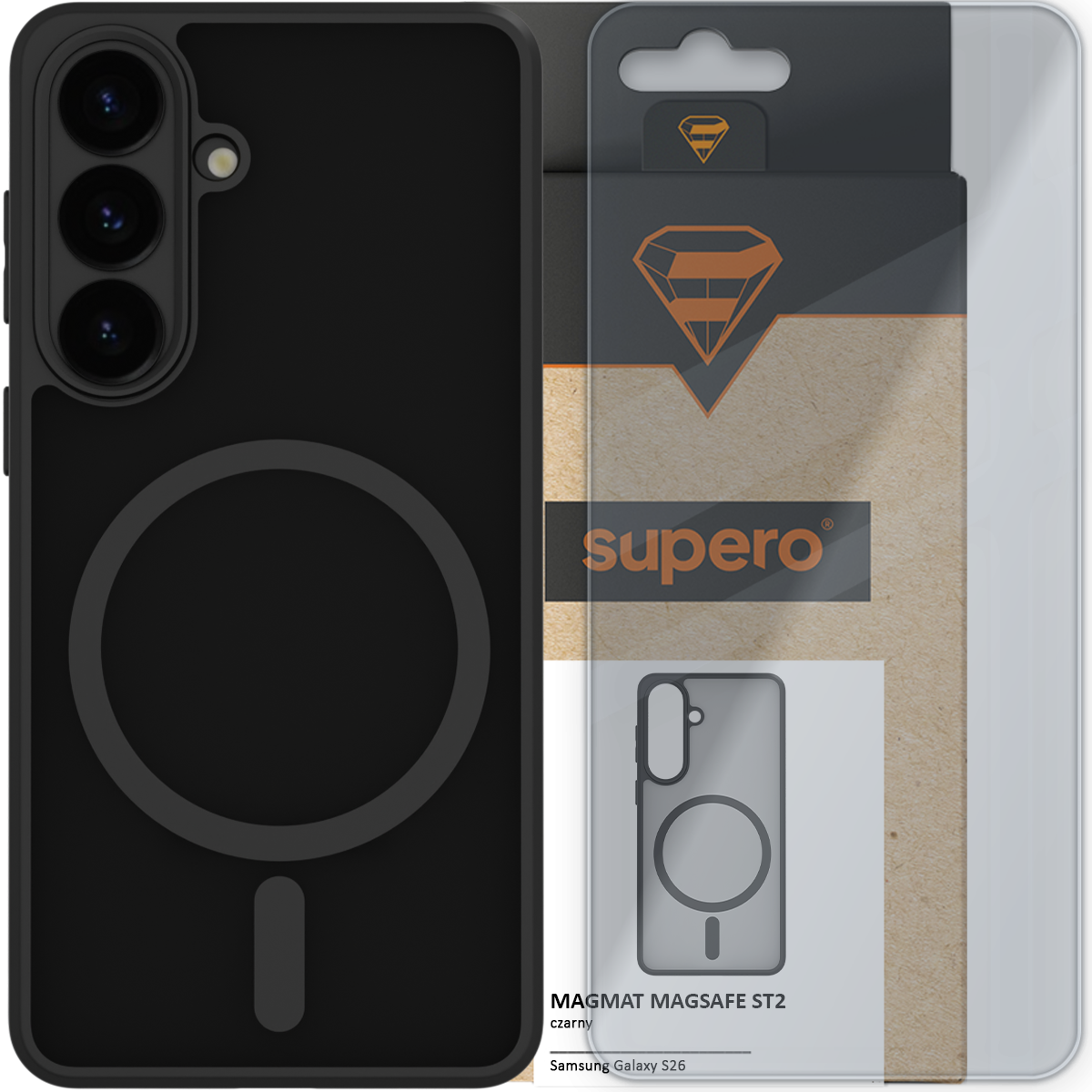 Czarne etui z okrągłym wzorem na tylnej części, przeznaczone do Samsung Galaxy S26. Opakowanie z logo \'supero\' i napisem \'MAGMAT MAGSAFE ST2 czarny\'.