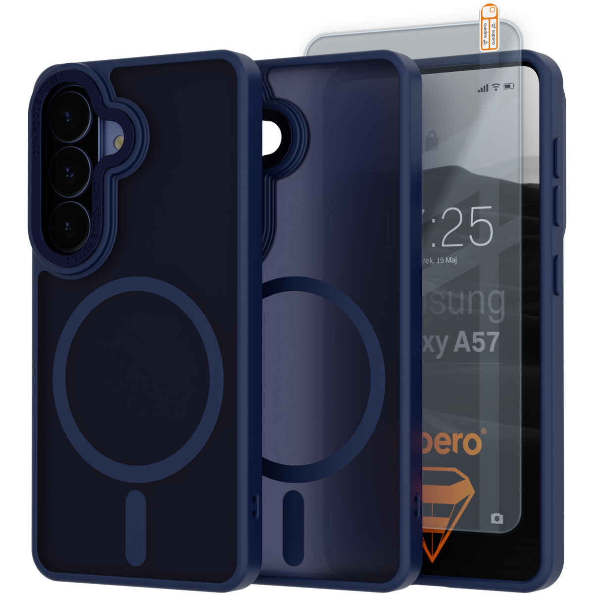 Na obrazie widoczne jest matowe etui do telefonu z okrągłym wzorem, obok którego znajduje się szkło hartowane. Na ekranie telefonu widoczny jest tekst: \'Samsung Galaxy A57\'.