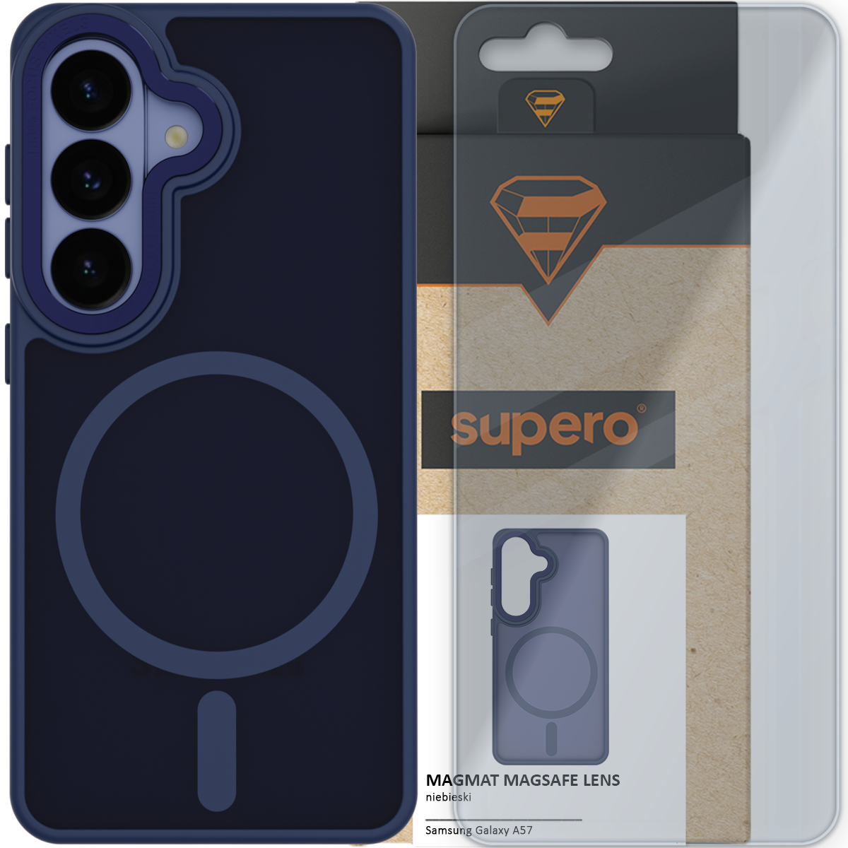 Na obrazie widoczne jest niebieskie etui do telefonu z trzema otworami na aparat oraz okrągłym wzorem sugerującym funkcję MagSafe. W tle znajduje się opakowanie z logo \'supero\' i napisem \'MAGMAT MAGSAFE LENS niebieski Samsung Galaxy A57\'.
