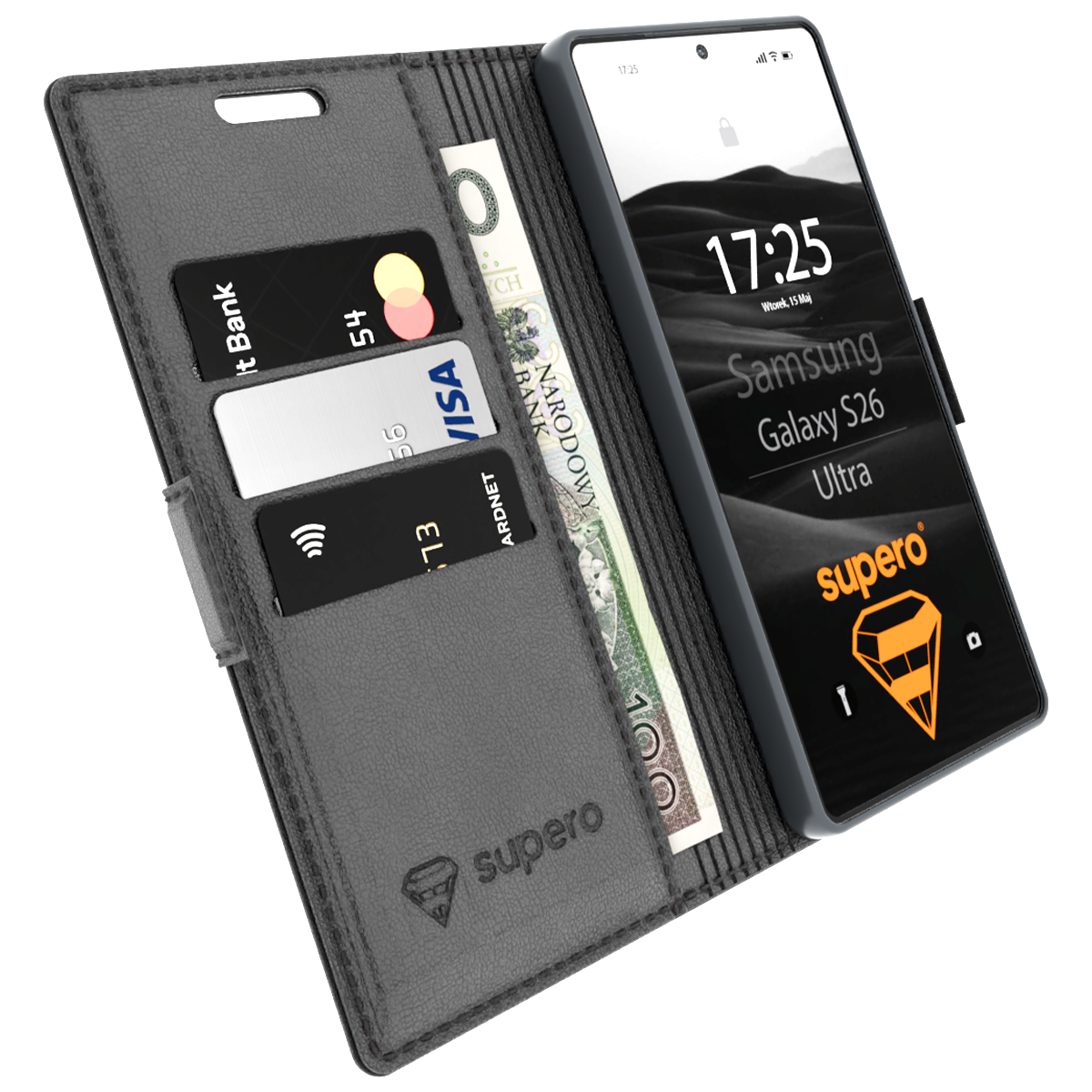 Etui z klapką do telefonu zawiera trzy karty płatnicze, banknot oraz telefon z wyświetlaczem pokazującym godzinę 17:25 i napis \'Samsung Galaxy S26 Ultra\'. Na etui widoczne jest logo \'supero\'.