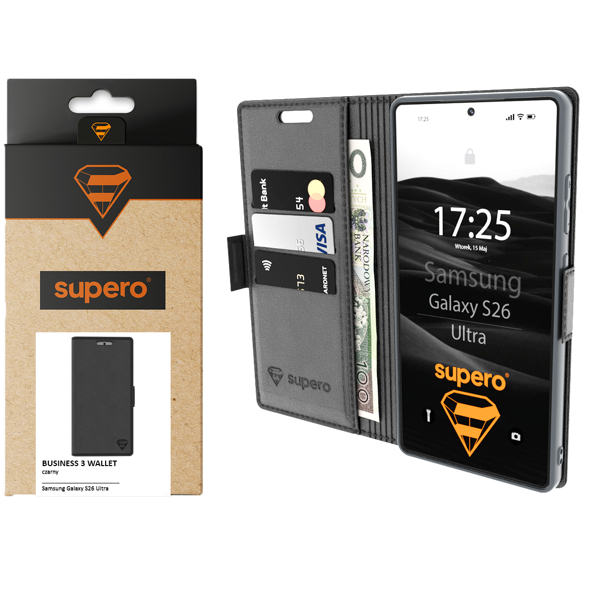 Etui z klapką do Galaxy S26 Ultra w kolorze czarnym, z miejscem na karty i banknoty, widoczne logo \'supero\'. Opakowanie produktu również zawiera logo \'supero\' i napis \'BUSINESS 3 WALLET\'.