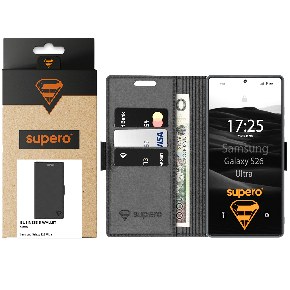 Obraz przedstawia skórzane etui z klapką do telefonu Samsung Galaxy S26 Ultra, z miejscem na karty i banknoty. Na opakowaniu i etui widoczne jest logo \'supero\'.