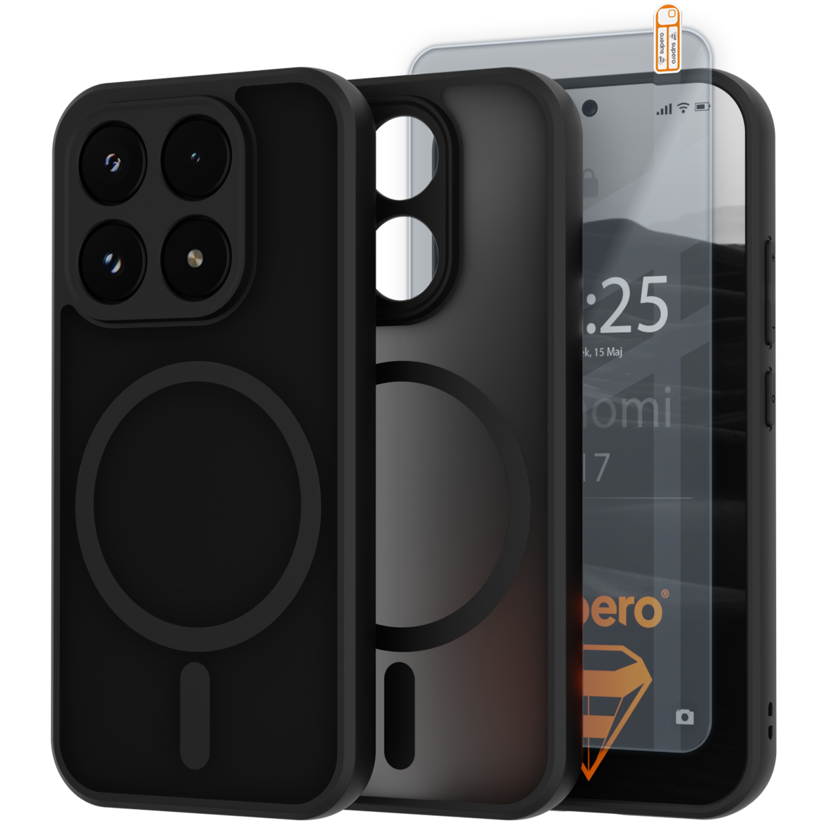 Obraz przedstawia czarne, matowe etui magnetyczne z okrągłym wzorem na tylnej części, przeznaczone do telefonu Xiaomi 17. Obok etui znajduje się szkło ochronne z widocznym napisem \'Xiaomi 17\' oraz logo \'supero\'.