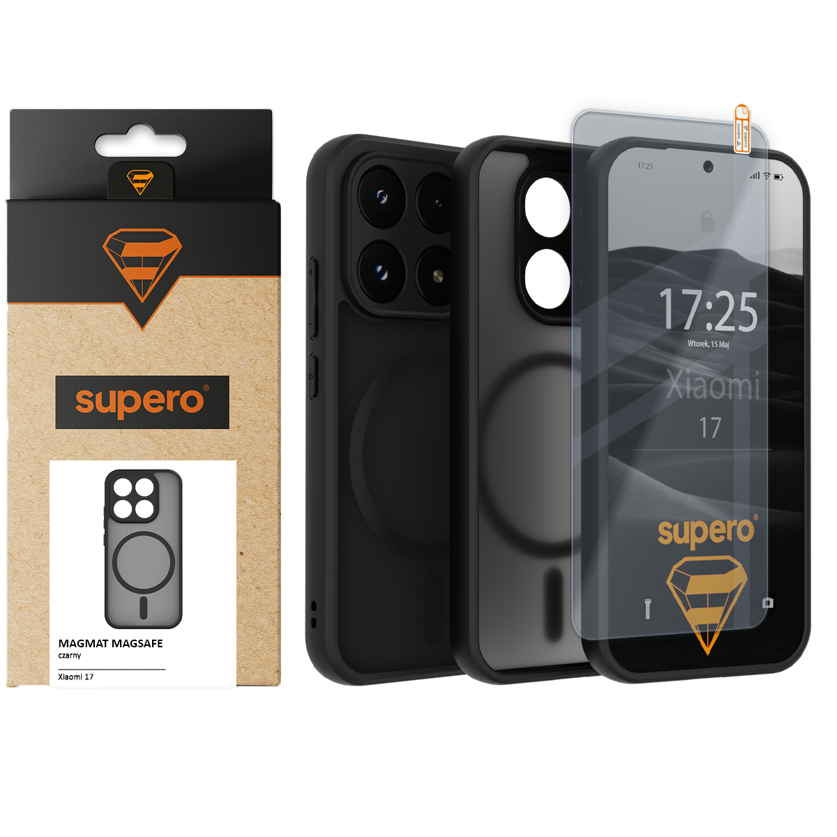Na obrazie widoczne jest czarne etui magnetyczne do telefonu z trzema aparatami oraz szkło ochronne. Opakowanie produktu zawiera logo \'supero\' i napis \'MAGMAT MAGSAFE czarny Xiaomi 17\'.