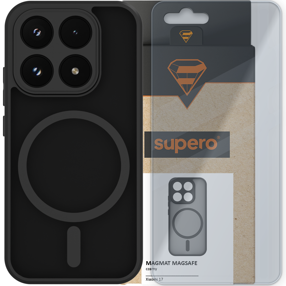 Czarne etui magnetyczne z okrągłym wzorem na tylnej części, przeznaczone do Xiaomi 17. Opakowanie z logo \'supero\' i grafiką przedstawiającą etui.